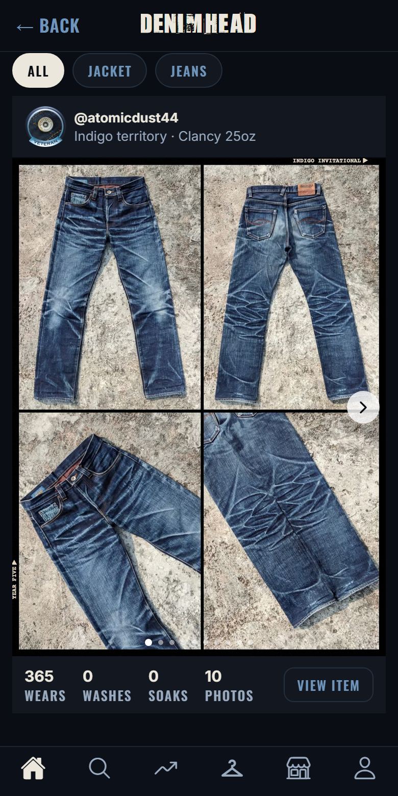 An entry in card view: @atomicdust44 with Indigo Territory Clancy 25oz jeans, a photo carousel, and the 365 wears and 10 photos behind the piece.