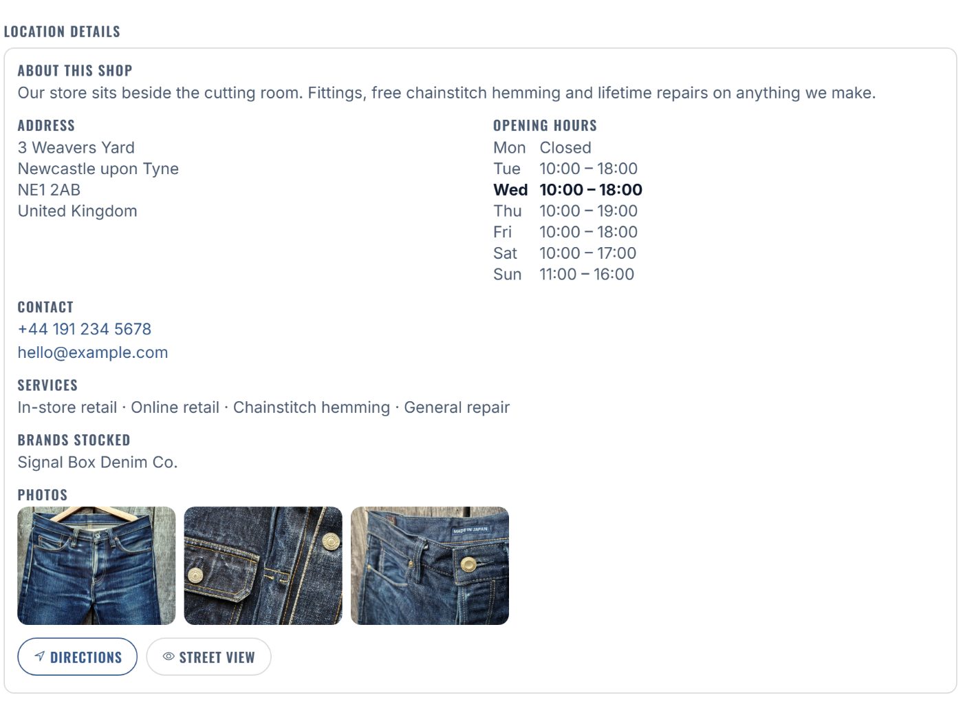 The brand’s own shop listed with address, hours and services.