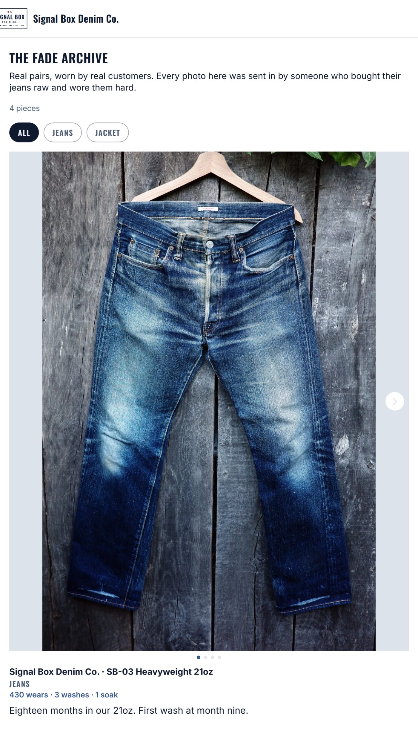 A Fade Archive: a grid of faded jeans, each with wear and wash counts.