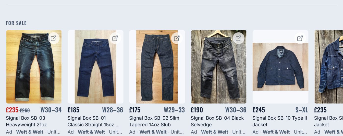 A FOR SALE rail of products under a model page.