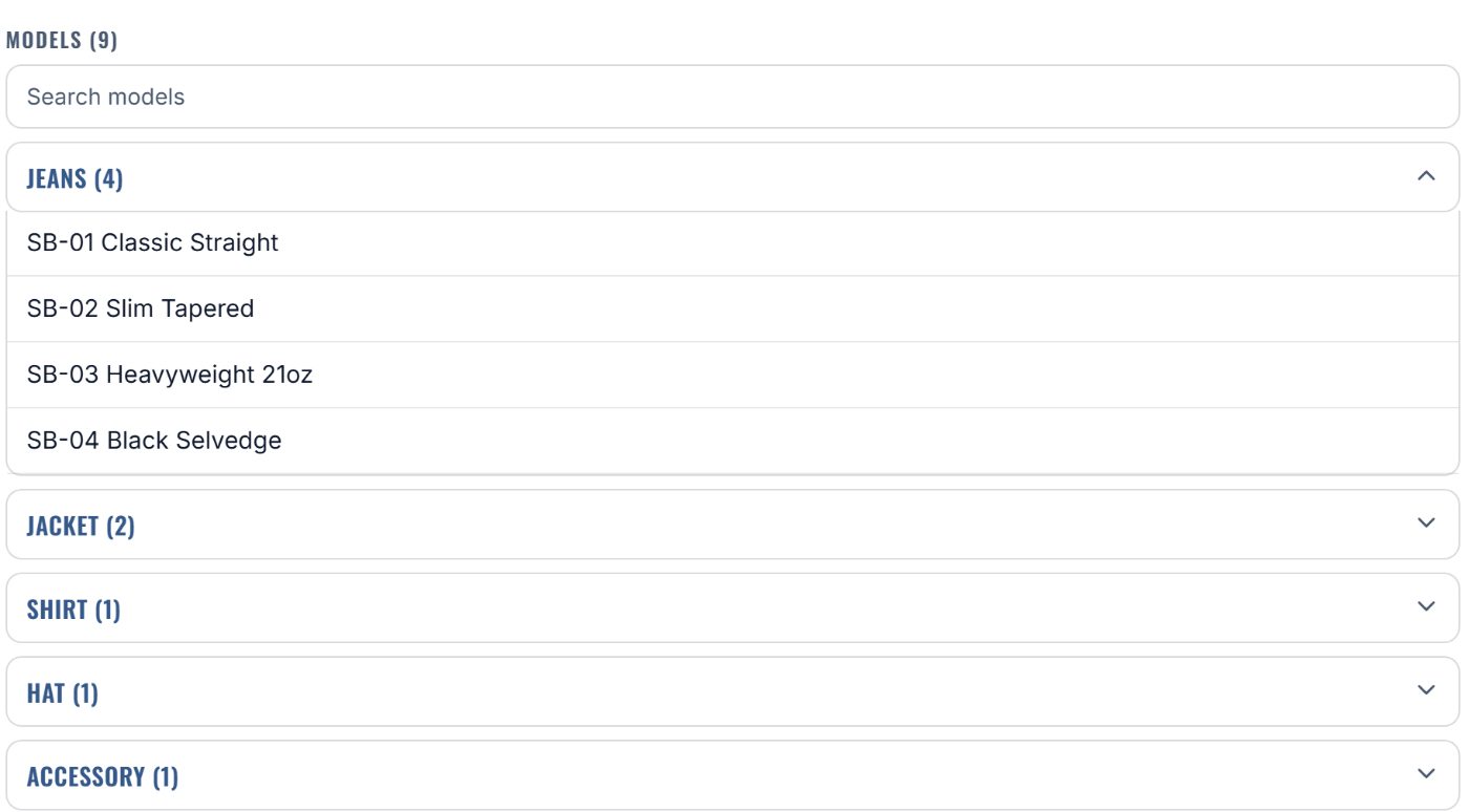 A brand’s models grouped by type with a search box.