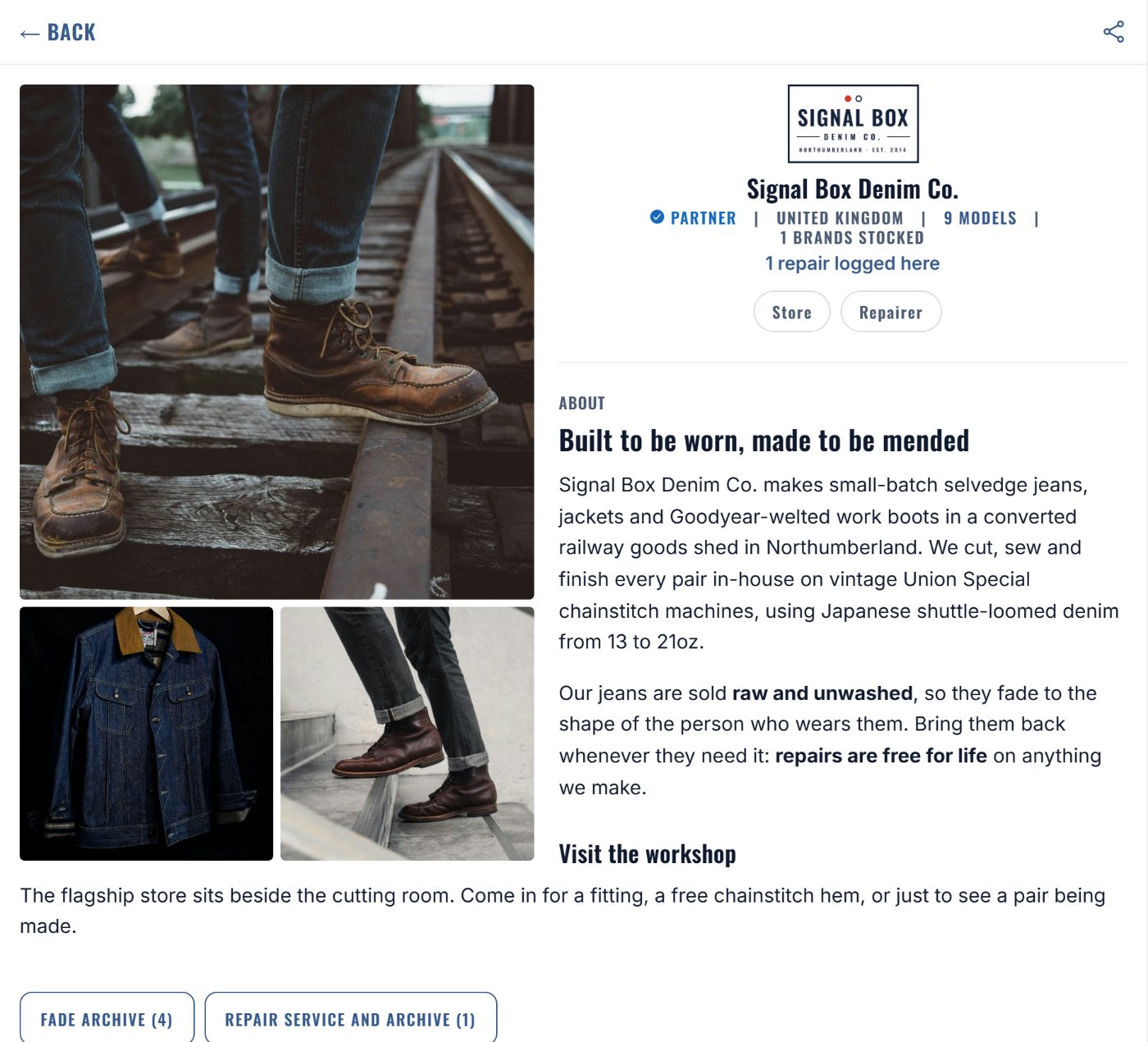 A brand storefront on DENIMHEAD: three large photos of jeans, the brand logo, a Partner tick, and an About section.