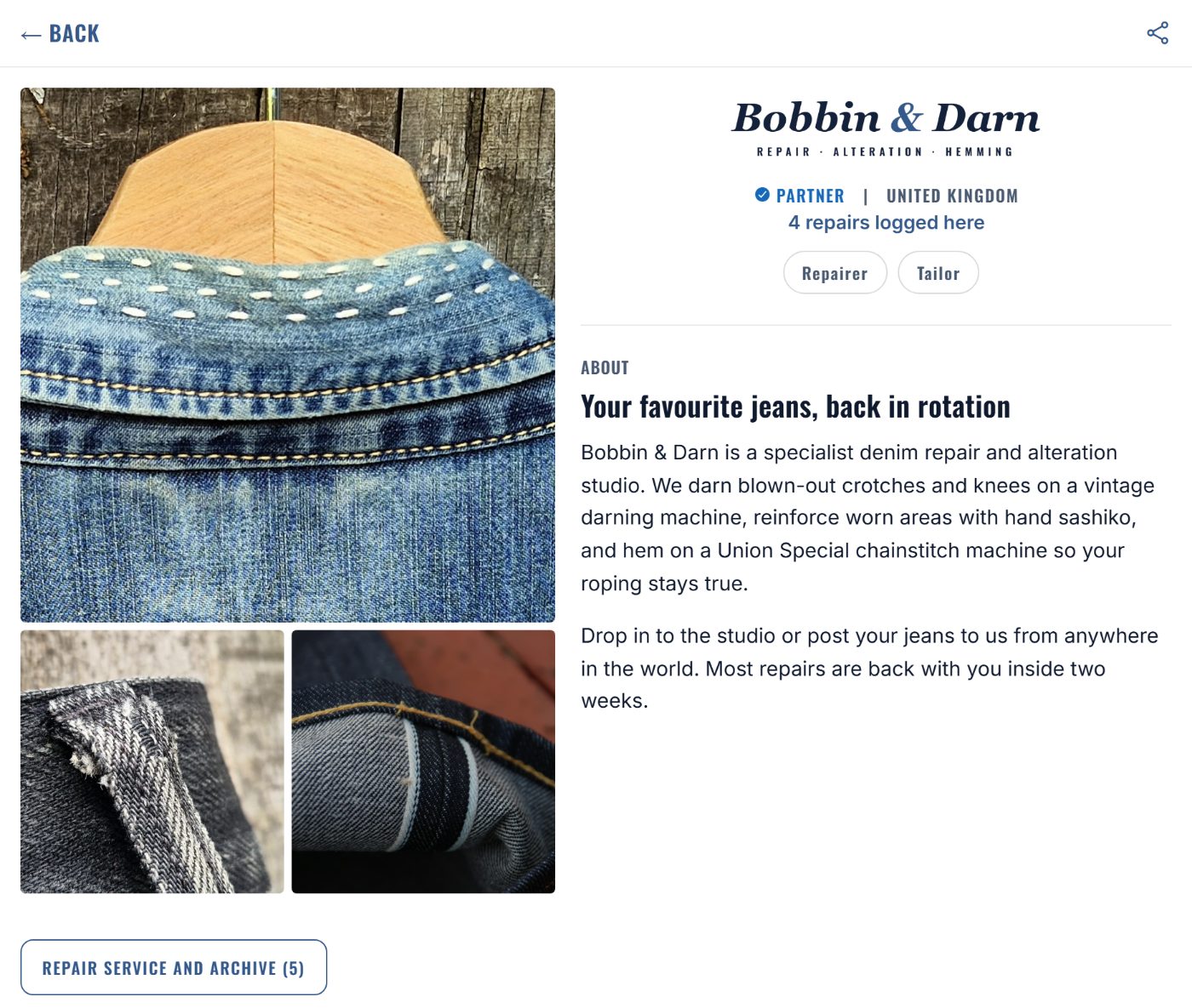 A repairer storefront on the web, showing repairs logged here.