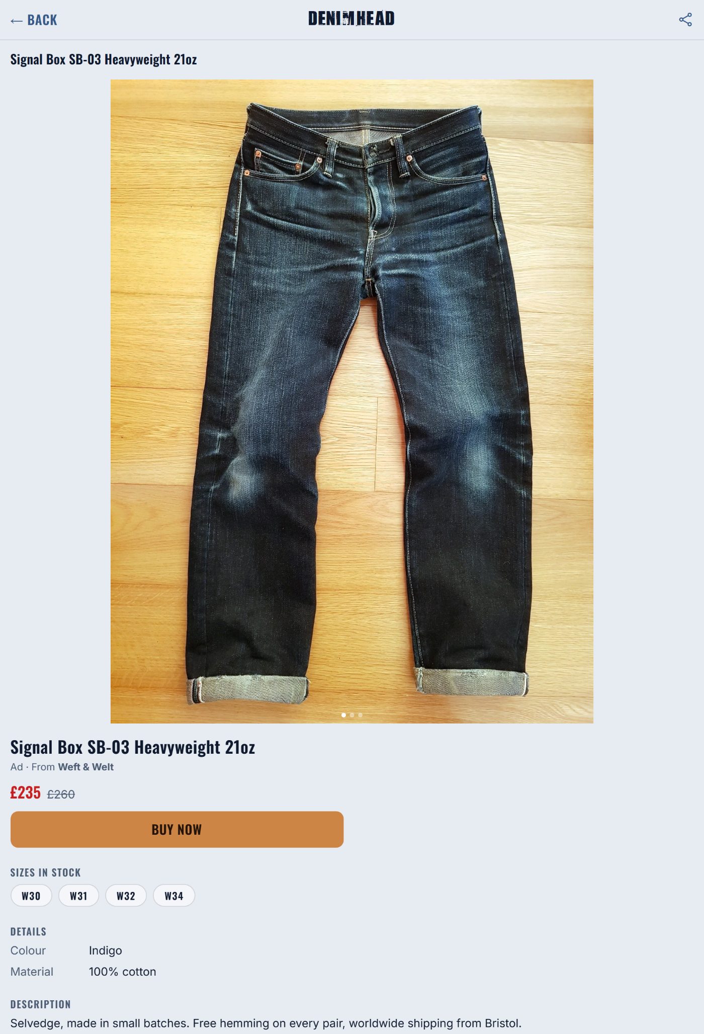 A product page: photos of a pair of jeans, the price, sizes in stock and a BUY NOW button.