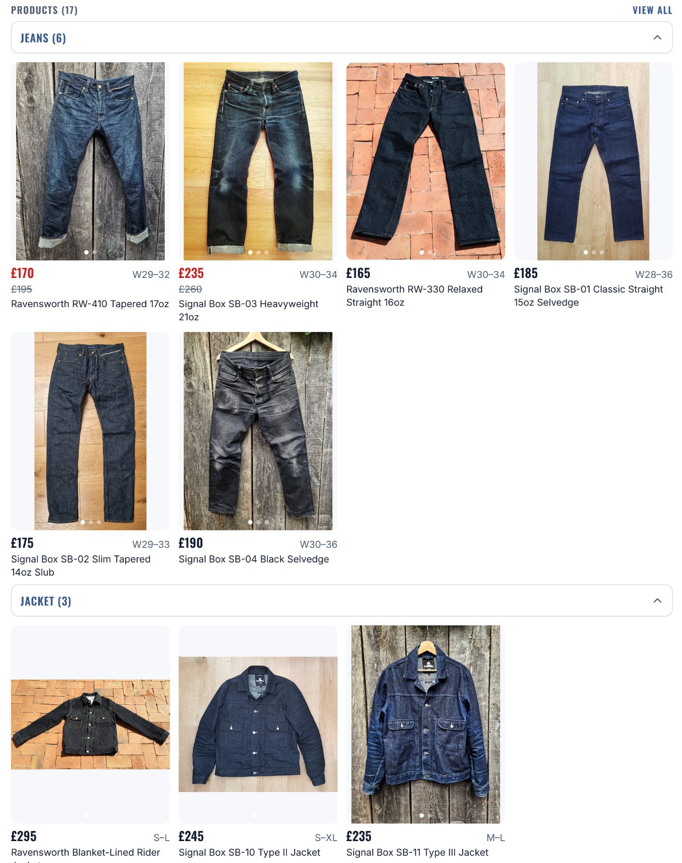 Products grouped by type on a retailer page.