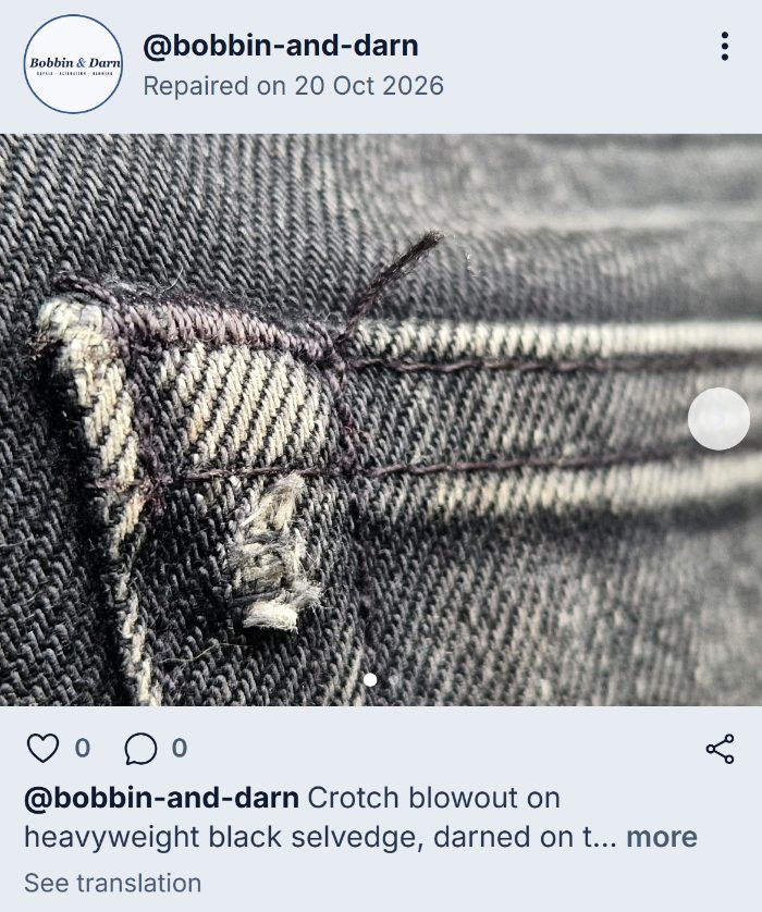 A repair shared to the DENIMHEAD feed by the studio, reading Repaired on and a date.