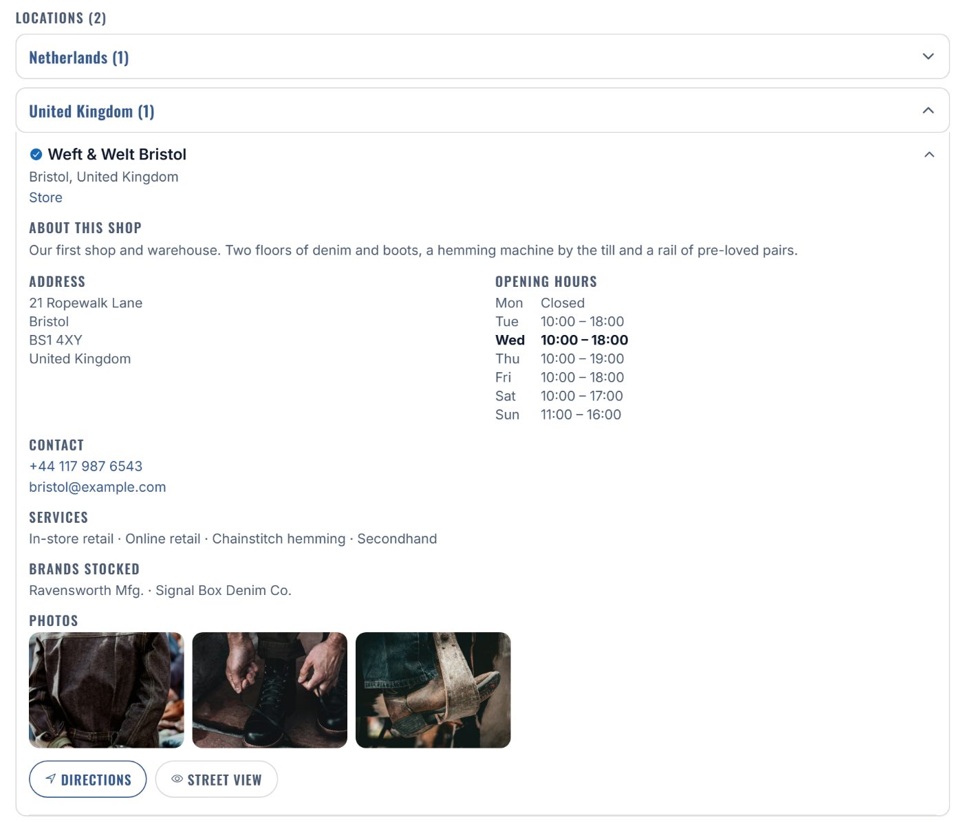 A shop opened on the retailer page with hours and directions.