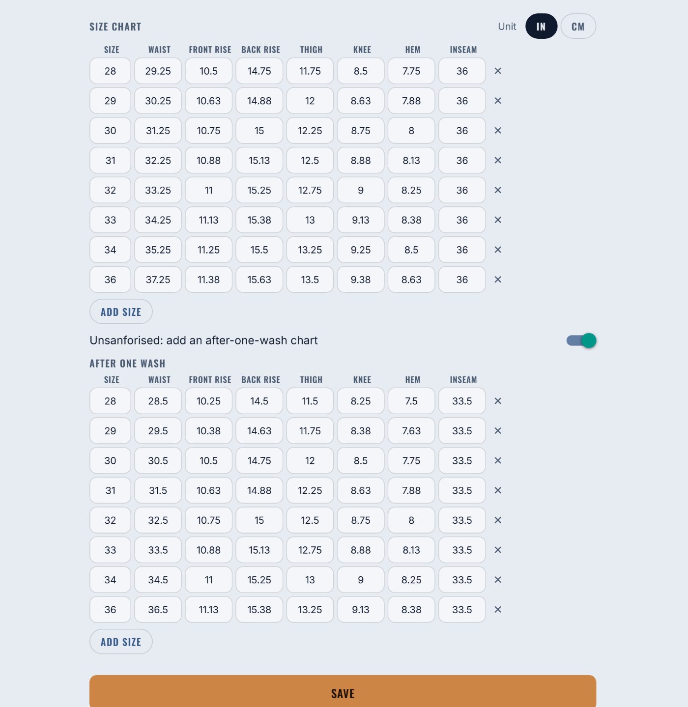 The size chart editor with raw and after-one-wash measurements.
