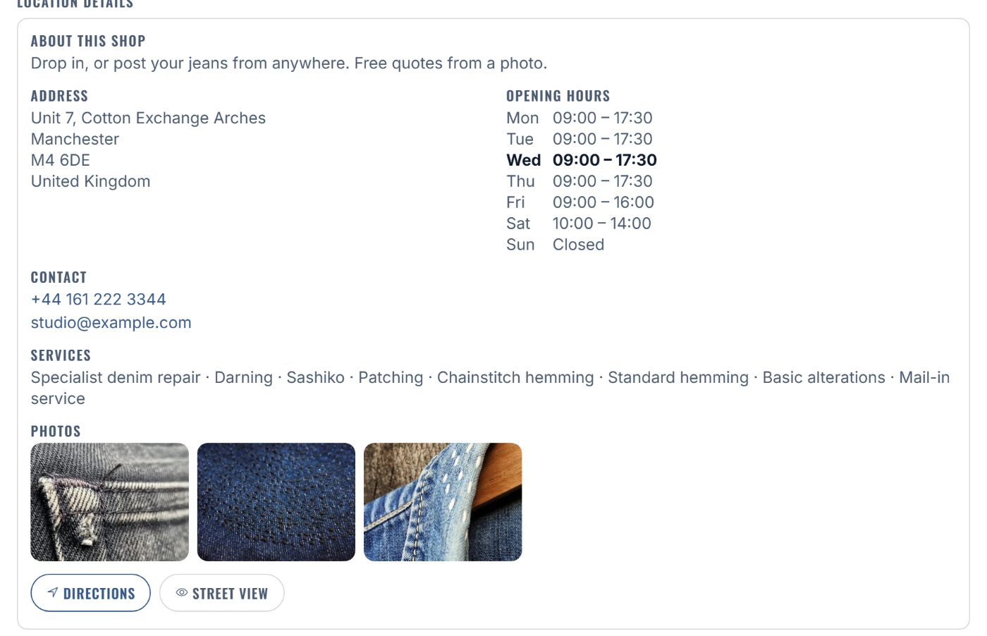 A studio listed with address, hours and services.